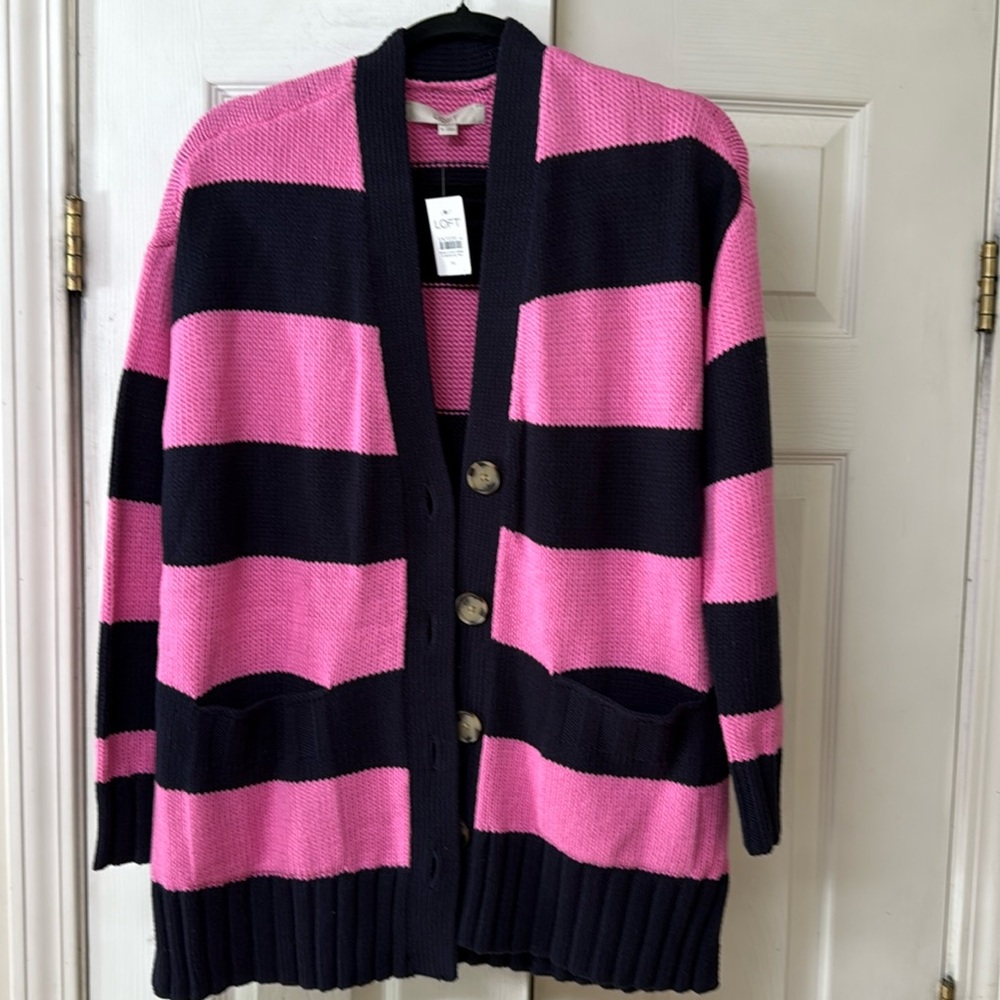 LOFT - Hot Pink and Navy Striped Long Sleeve Buttoned Cardigan Tunic length